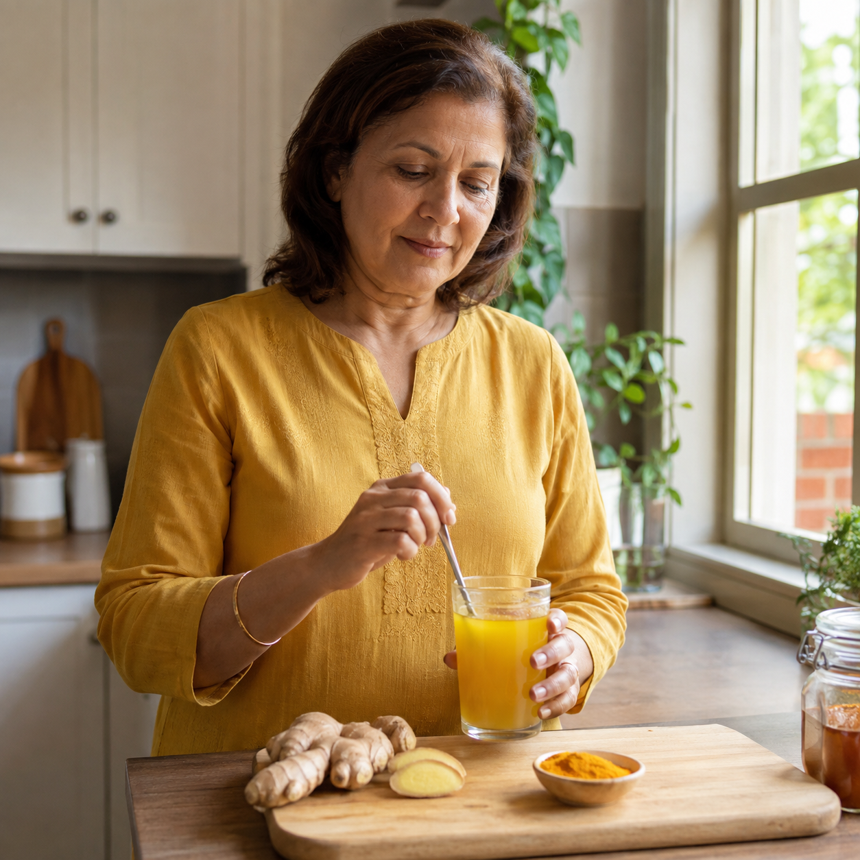 Mature woman in the kitchen stirring a cup with yellowish liquid (water with turmeric/ginger), natural window light.