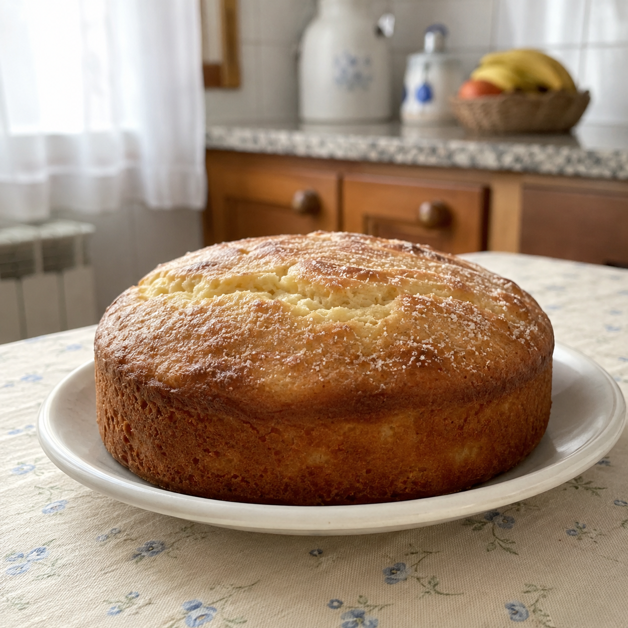 Sweet bread or homemade cake on top of the kitchen table, simple plate.