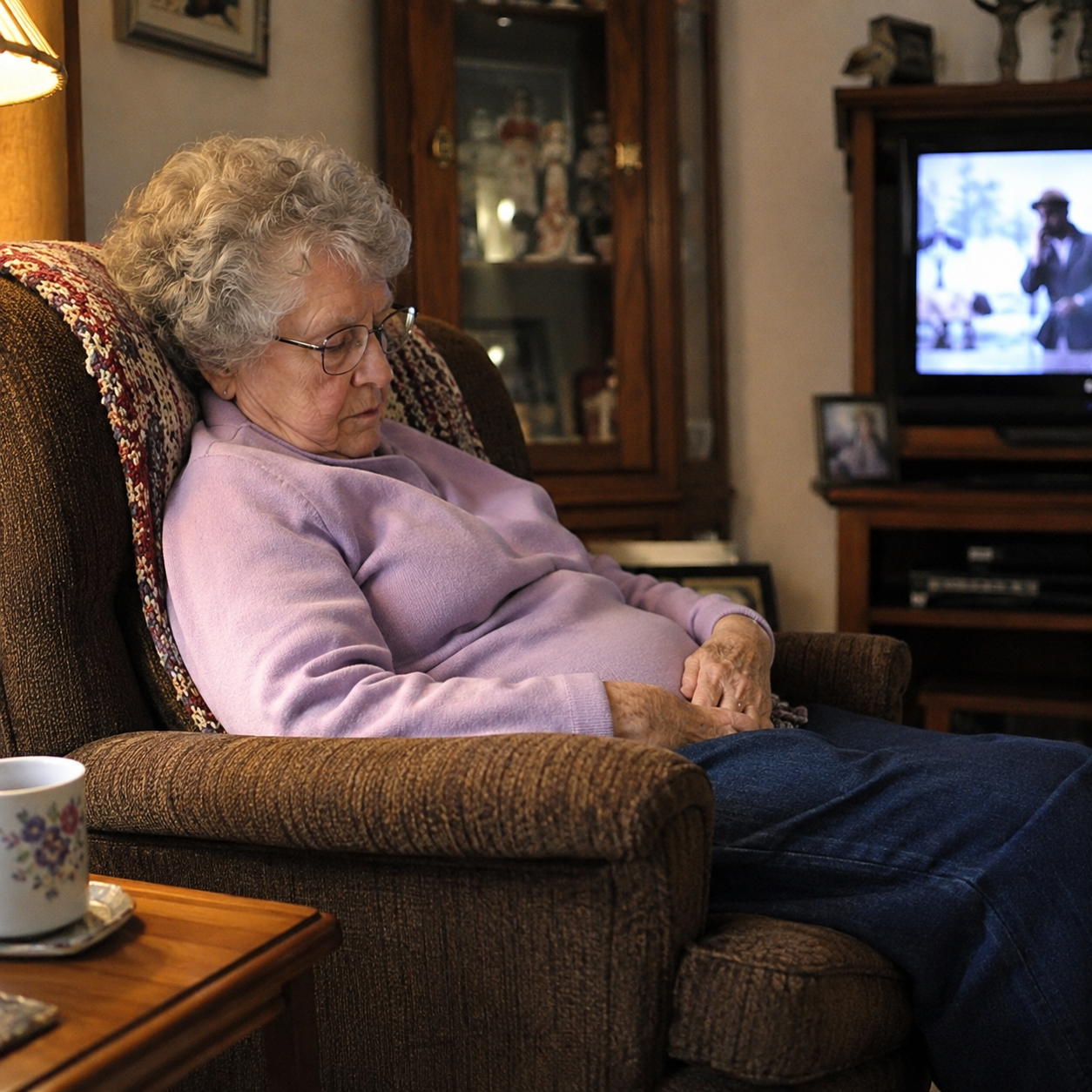 Elderly woman napping in the living room armchair in the afternoon, TV on in the background.