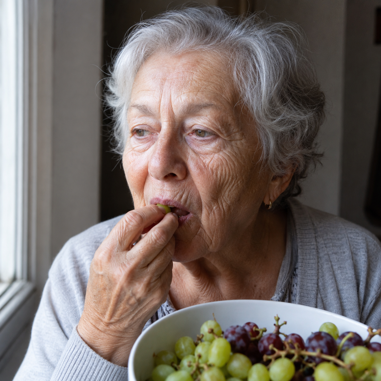 Elderly woman eating grapes or fruit near the window, close up on her face.