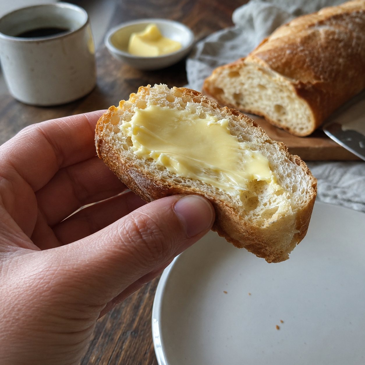 Hand holding French bread with butter on top of the table.