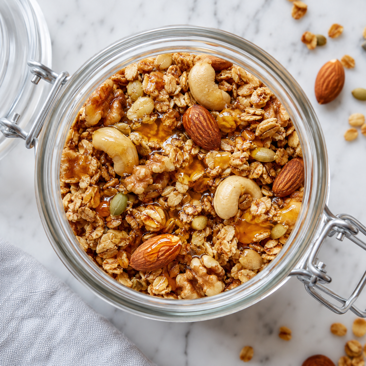 Glass jar with granola and nuts with honey dripping, top down photo.