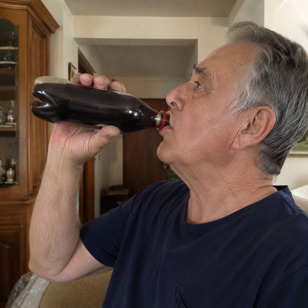 Elderly man drinking soda straight from the bottle, side profile photo at home.