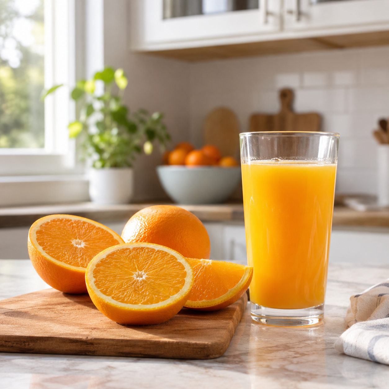 Cut oranges or fruit juice in a glass on the kitchen counter.