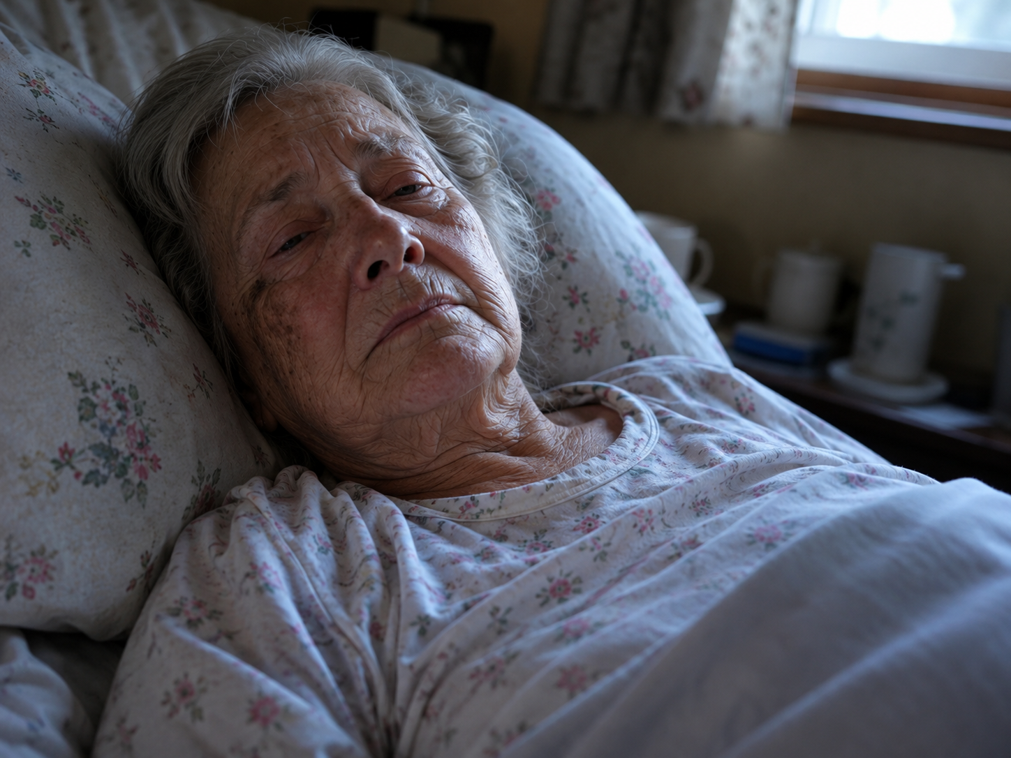 Elderly woman lying in bed, tired face, dim light, homemade candid style photo in the morning.